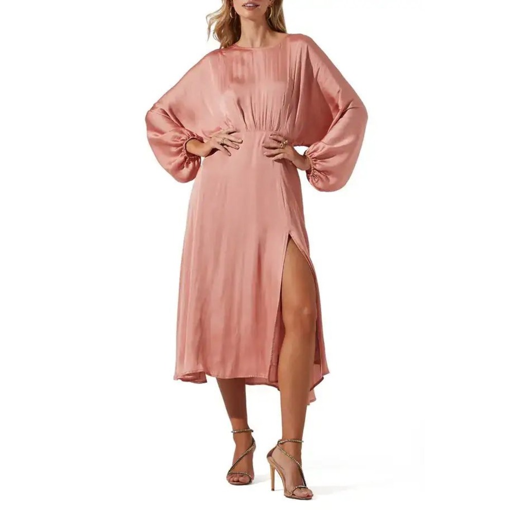 Blush Satin Midi Dress in Rose Blush with Balloon Sleeves
